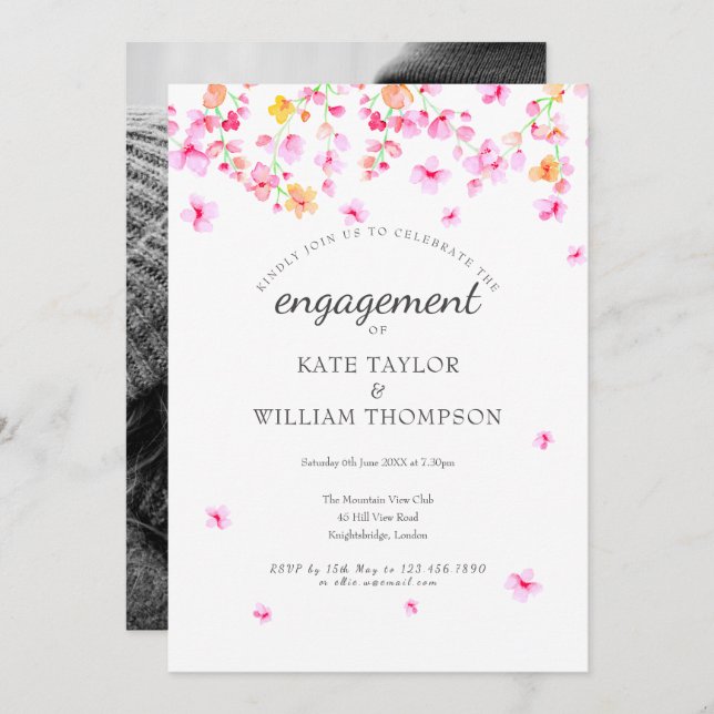 Blommar för Elegant med foto-Förlovning, vattenfär Inbjudningar (Fram/baksida)