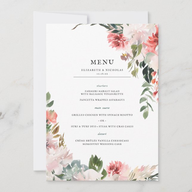 Blommar för elegant | Vår Blommigt Bröllop Menu Inbjudningar (Framsida)