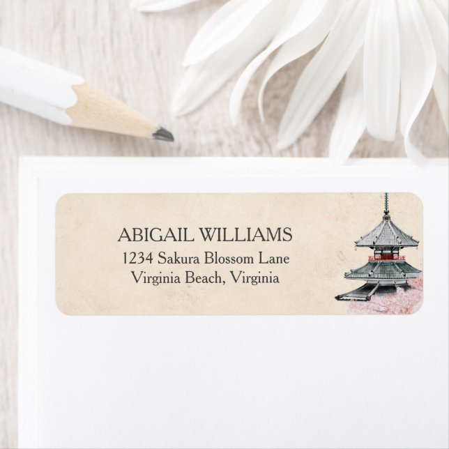 Blommar för japansk Temple Cherry med vattenfärg Returadress Etikett (Insitu)