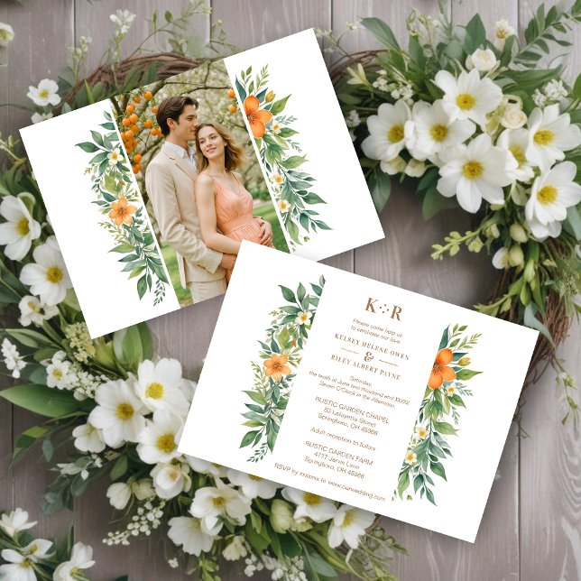 Blommar för känslig Garland Azahar-Orange och Gree Inbjudningar (Decorative and Delicate Garland Azahar Orange Blossom & Greenery Photo Wedding Invitations Cards.)