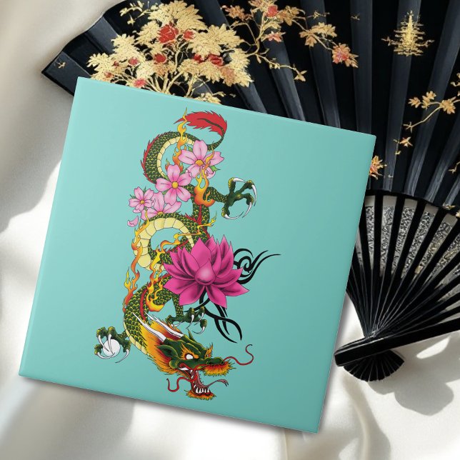 Blommar för kinesiska Dragon Lotus Cherry Kakelplatta (Skapare uppladdad)