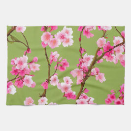 Blommar för ömtålig Rosa Cherry på Chartreuse Grön Kökshandduk