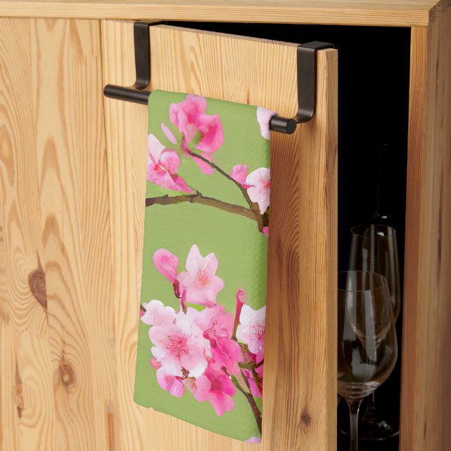 Blommar för ömtålig Rosa Cherry på Chartreuse Grön Kökshandduk (Thirds Fold)