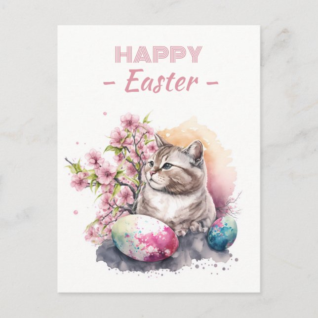 Blommar för påsk-vattenfärgen Cat Eggs och Cherry  Vykort (Framsida)