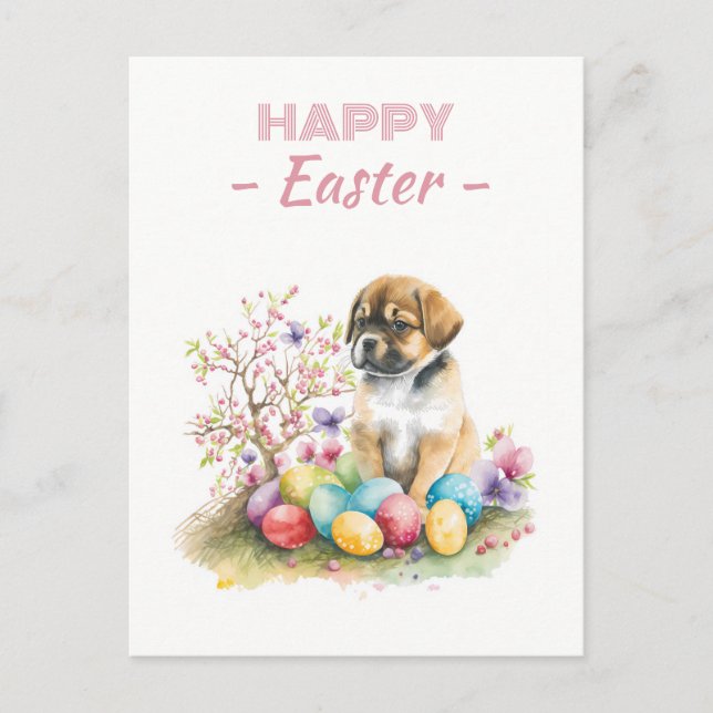 Blommar för Påskägg Watercolor Puppy Cherry Vykort (Framsida)