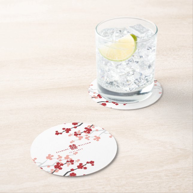 Blommar för rödkörsbär och Dubbla Xi Kinesiska Brö Underlägg Papper Rund (Insitu)