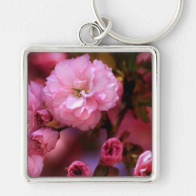 Blommar för Rosa Cherry i Vår Fyrkantig Silverfärgad Nyckelring (Framsidan)