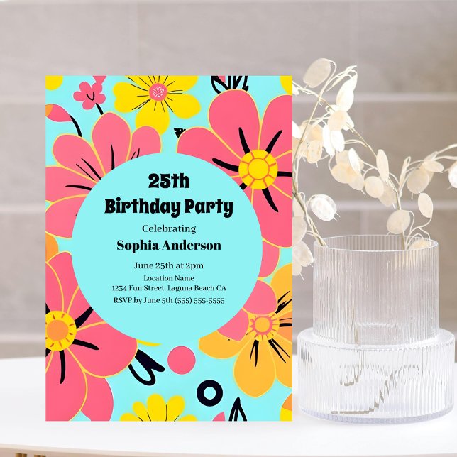 Blommar för rosa och Gult på Himmel Blue- Dopamin  Inbjudningar (Pink & Yellow Blossoms on Sky Blue- Dopamine Style Invitation)