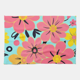 Blommar för rosa och Gult på Himmel Blue-Dopamin S Kökshandduk