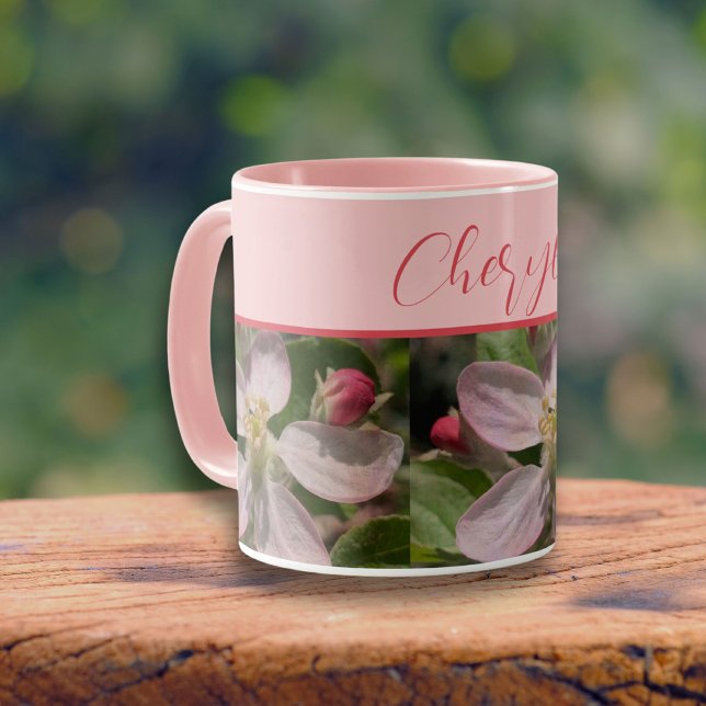 Blommar för sötäpple mugg (Apple blossom pink is a sweet personalized mug. Perfect for someone born in May, or loves pink)