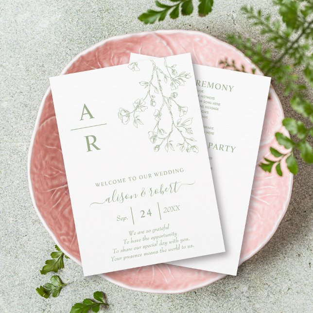 Blommar för teckning av grönt monokrom bröllop program (Skapare uppladdad)