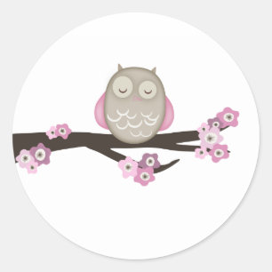 Blommar för uggla & Cherry {Rosa} Stickers Runt Klistermärke