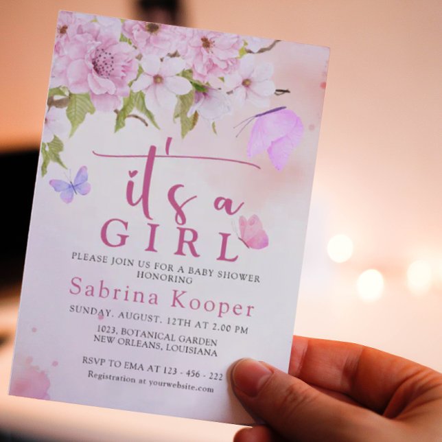 Blommar för vattenfärg Cherry Det är en babyskabru Inbjudningar (Skapare uppladdad)