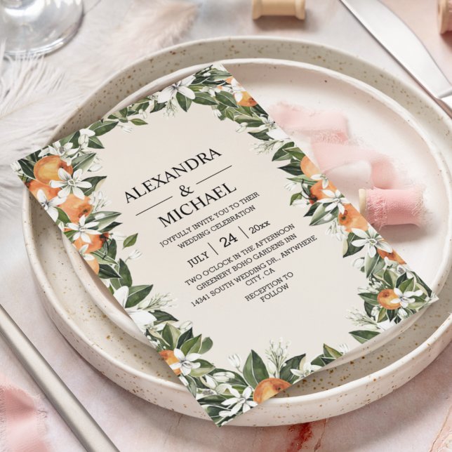 Blommar för vattenfärg Greenery Orange Modern Bröl Inbjudningar (Skapare uppladdad)