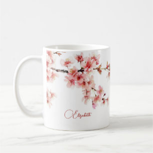 Blommar för vattenfärgen Cherry Ditt namn Monogram Kaffemugg