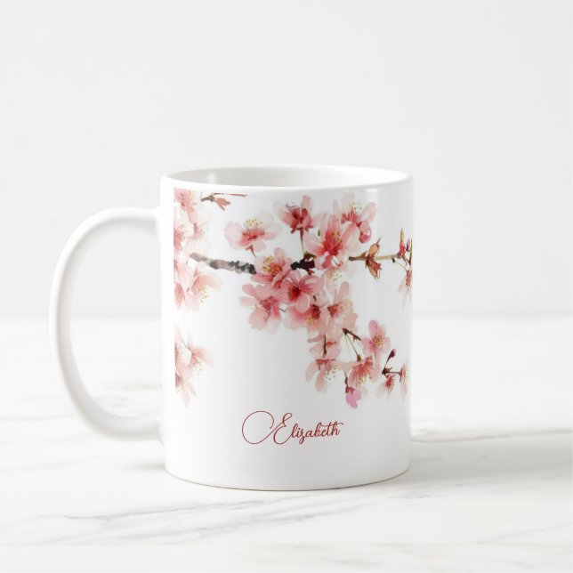 Blommar för vattenfärgen Cherry Ditt namn Monogram Kaffemugg (Vänster)