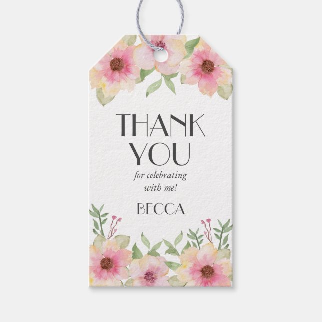 Blommar för vattenfärgen Rosa Tack Gift-Märkre Presentetikett (Framsidan)