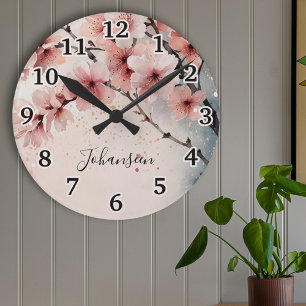 Blommar för vattenfärgsfärgskörsbär Modern Girly S Rund Klocka