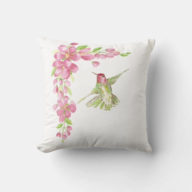 Blommar för vattenfärgskörsbär och Hummingbird Kudde (Framsida)