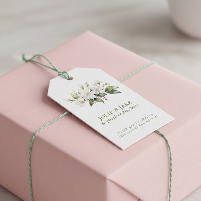 Blommar för vit äppelblomma presentetikett (White apple blossom flower favor gift tags.)