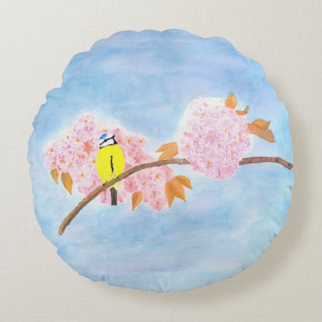 Blommar & Garden Bird Rund Kudde (Framsidan)