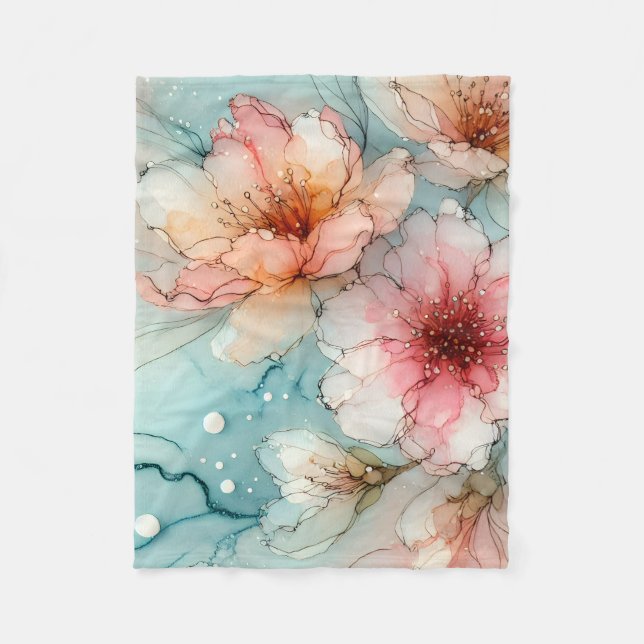 Blommar i Bloom: En Abstrakt Alcohol Bläck-design Fleecefilt (Framsidan)