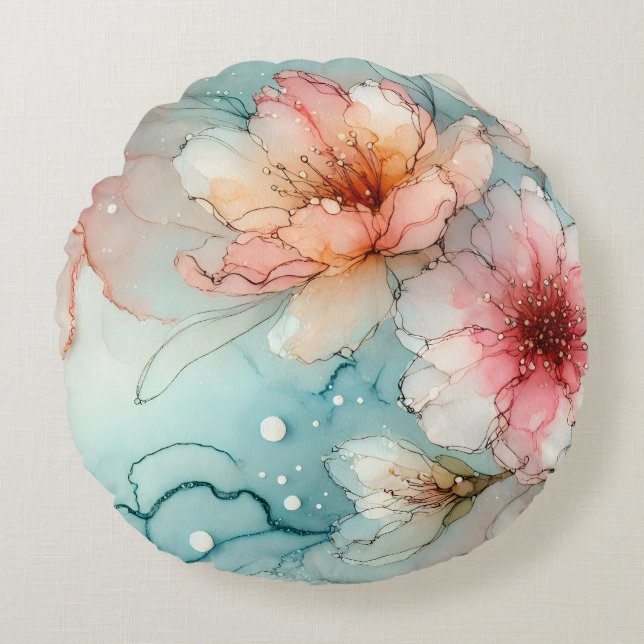 Blommar i Bloom: En Abstrakt Alcohol Bläck-design Rund Kudde (Framsidan)