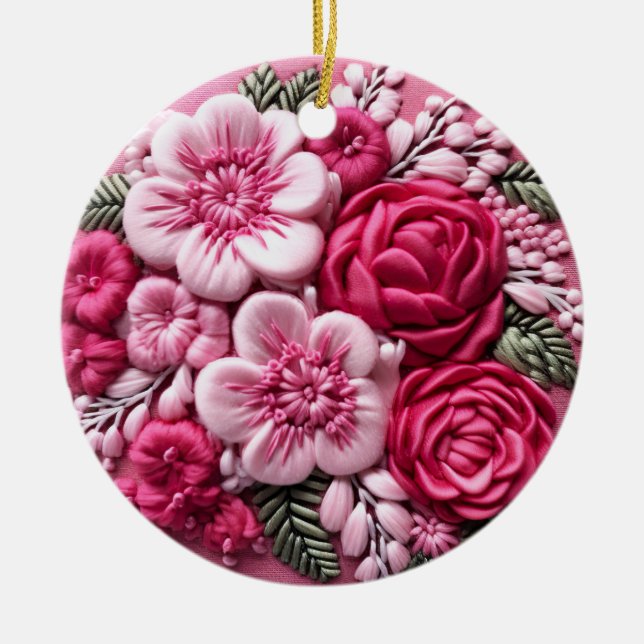 Blommar i Bloom: Rosa Embroidery Art Julgransprydnad Keramik (Framsidan)