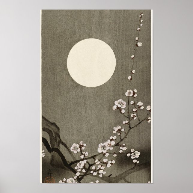 Blommar i Full Moon (1900-1936) av Ohara Koson Poster (Framsidan)