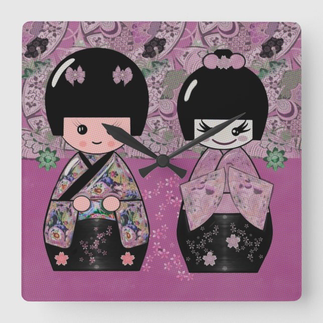 Blommar Kokeshi Fyrkantig Klocka (Framsida)