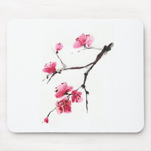 Blommar körsbär. Vår. Bläck och pensel. Musmatta (Framsidan)