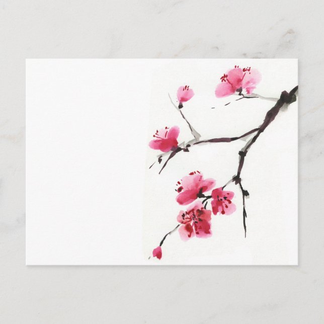 Blommar körsbär. Vår. Bläck och pensel. Vykort (Framsida)