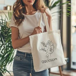 Blommar Line Art Woman Head, svart, minimalistisk  Tygkasse
