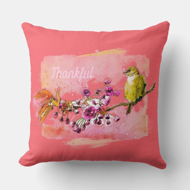 Blommar med tacksamma körsbär och Finch Pillow Kudde (Framsida)