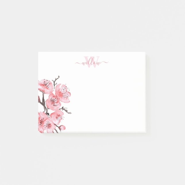 Blommar Monogram för vit Rosa Cherry Post-it Block (Framsida)