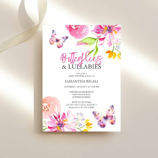 Blommar och Butterflies Garden BabyShower Inbjudningar (watercolor butterfly baby shower invitations in pink, peach and lavender by Victoria Grigaliunas)