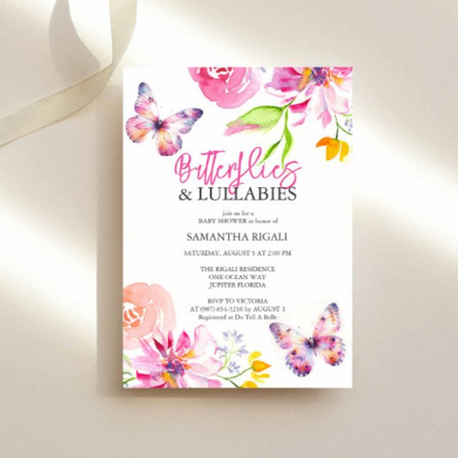 Blommar och fjärilar Garden Baby Shower Inbjudningar (Butterfly baby shower invitation features floral and butterflies watercolor art Victoria Grigaliunas)