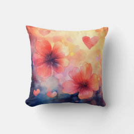 Blommar och hjärtan - Romantisk vattenfärgsfyllnin Kudde