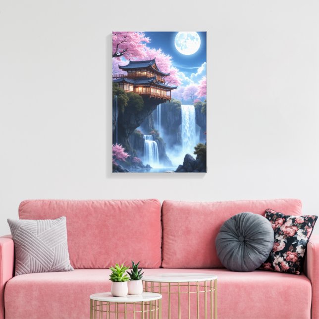 Blommar och Moonlit Vatten Canvastryck (Insitu (Vardagsrum))