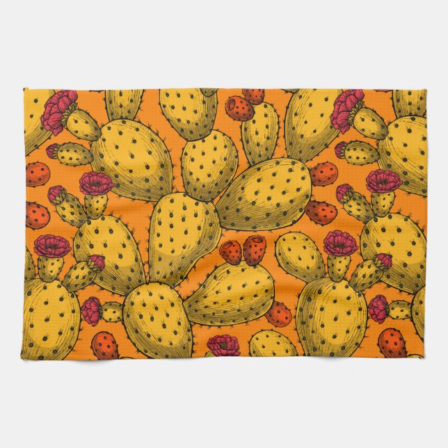 Blommar opuntia i gult kökshandduk (Horisontell)