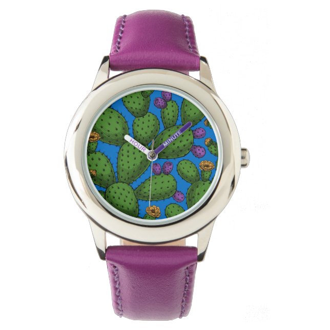 Blommar opuntia på blå armbandsur (Framsida)