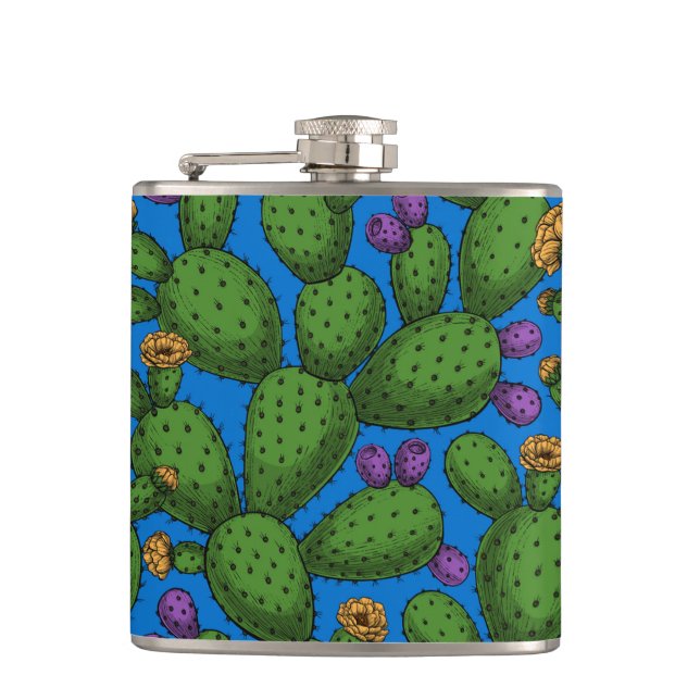 Blommar opuntia på blå fickplunta (Framsidan)