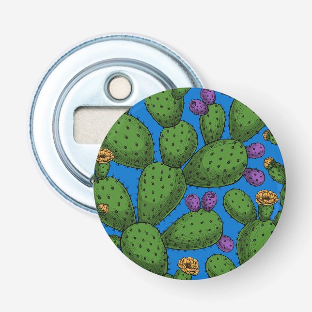 Blommar opuntia på blå flasköppnare (Framsidan)