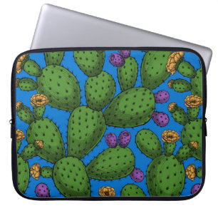Blommar opuntia på blå laptop fodral