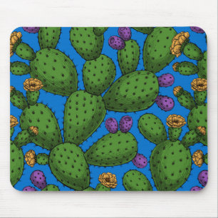Blommar opuntia på blå musmatta