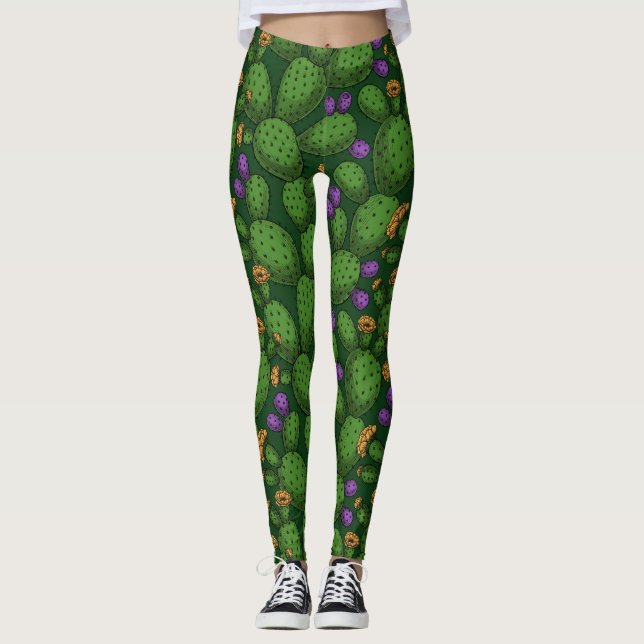 Blommar opuntia på mörk grönt leggings (Framsida)