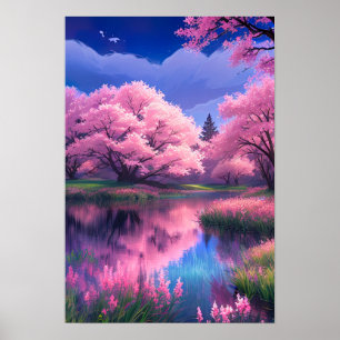 Blommar på Blue, Sakura Träd vid floden Poster