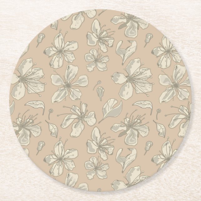 Blommar på ljusbeige - sömlös mönster underlägg papper rund (Framsidan)
