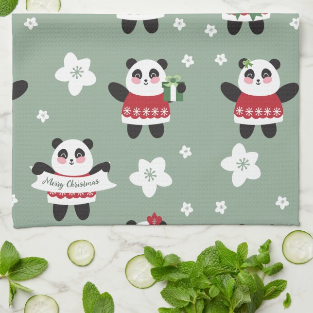 Blommar Panda för jultomte Kökshandduk (Vikta)