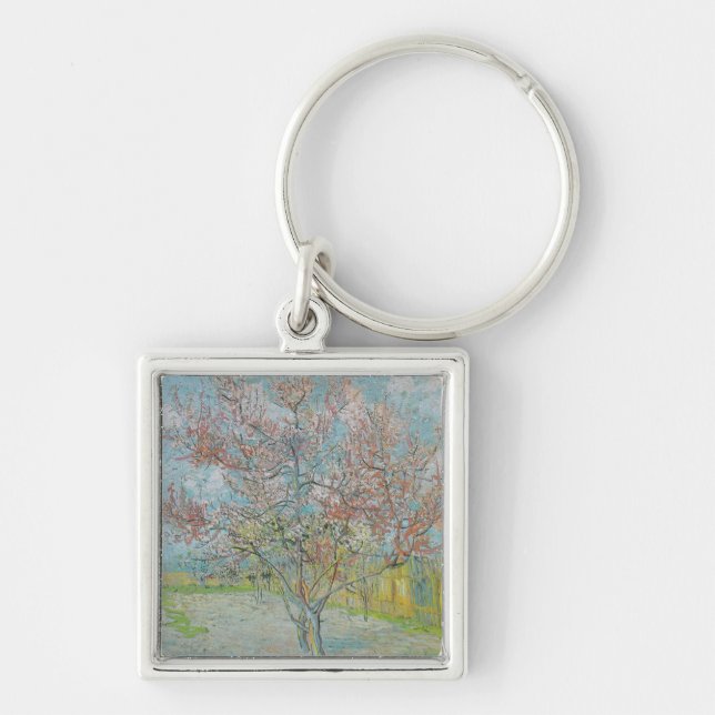 Blommar Peach Träd Fyrkantig Silverfärgad Nyckelring (Framsidan)